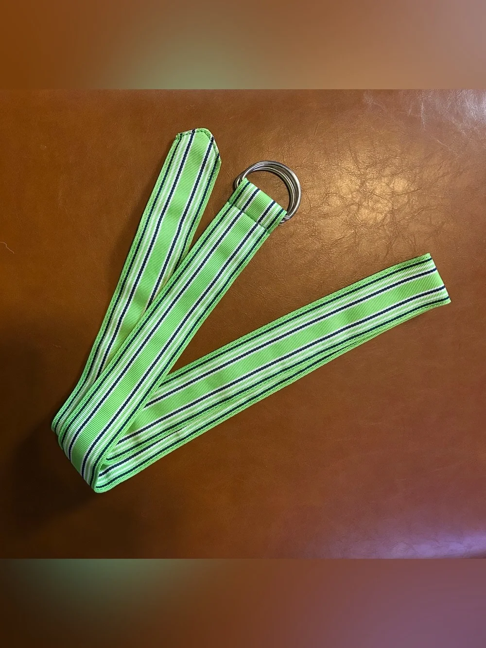Orvis Bright Green Striped Grosgrain D-Ring Belt 42”